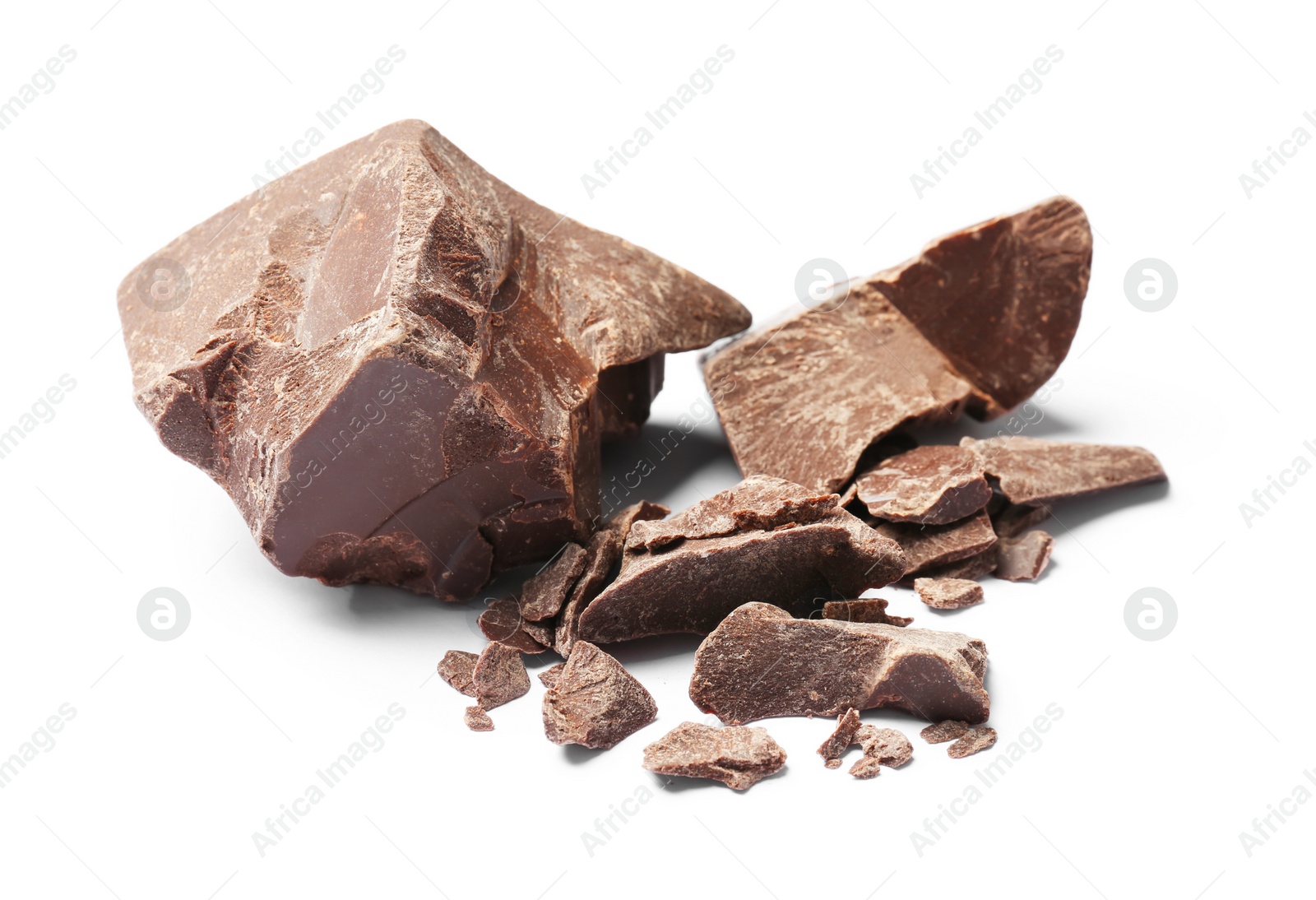 Photo of Delicious chocolate chunks on white background