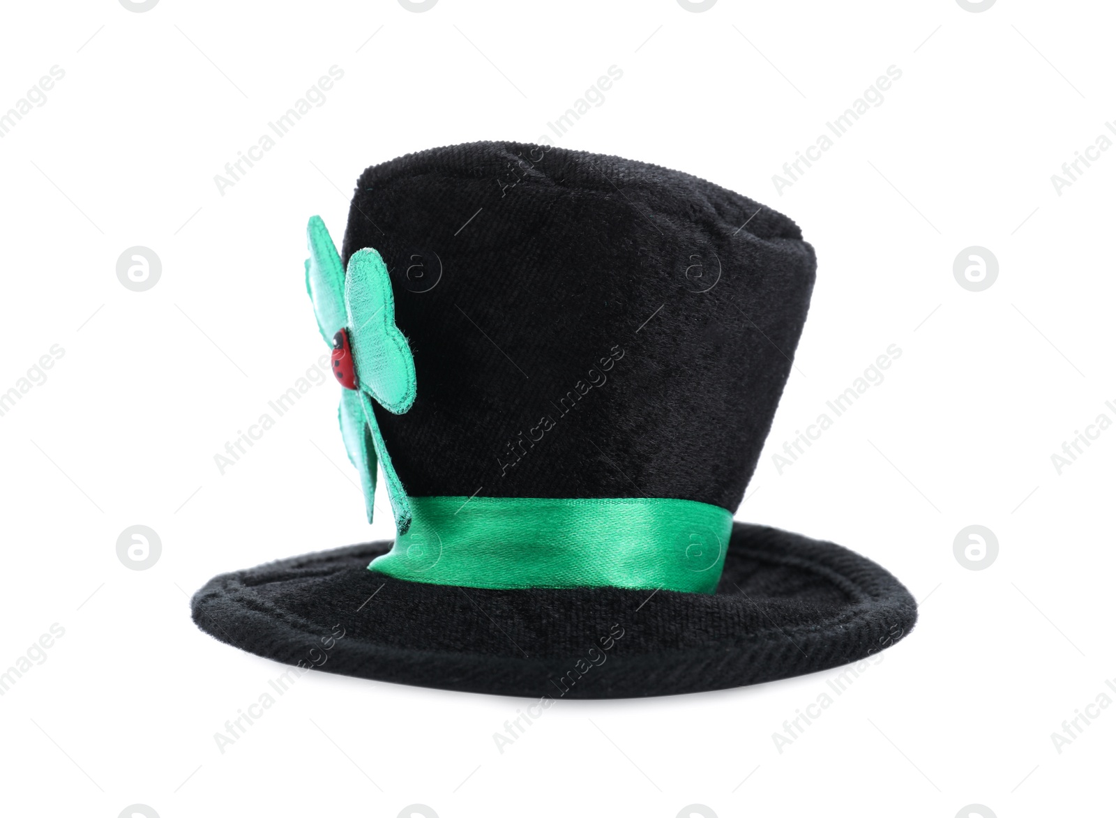 Photo of Black leprechaun hat with clover leaf isolated on white. St. Patrick's Day celebration