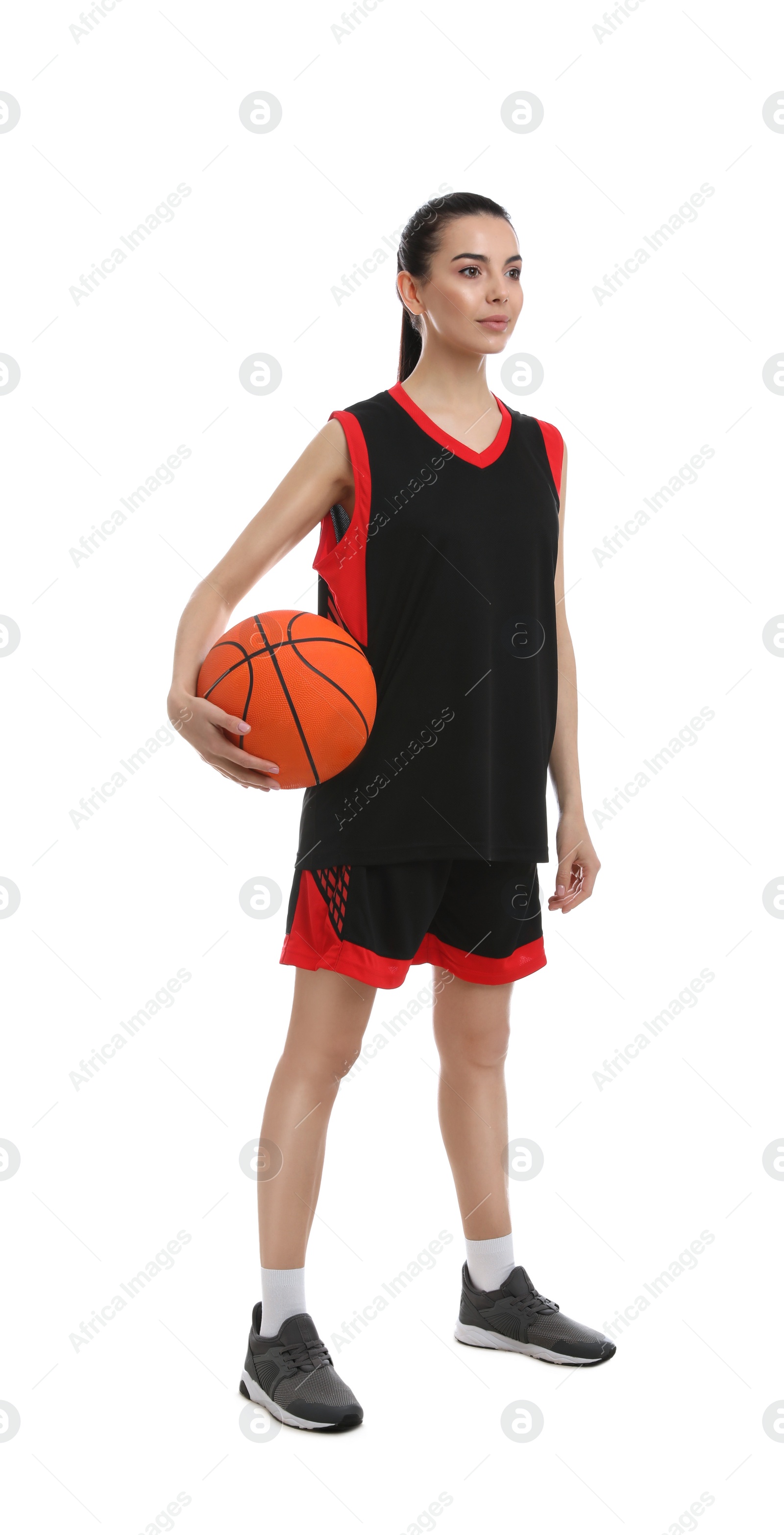 Photo of Basketball player with ball on white background