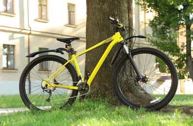 Yellow bicycle parked near tree on city street