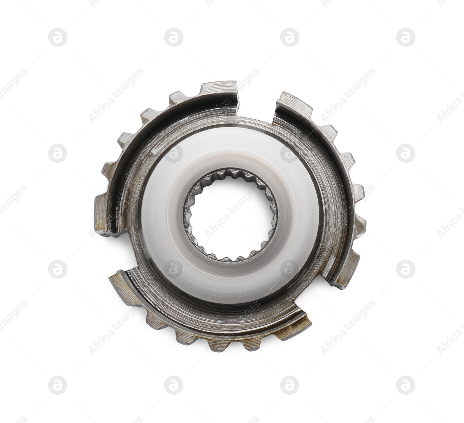 Photo of Stainless steel gears on white background, top view