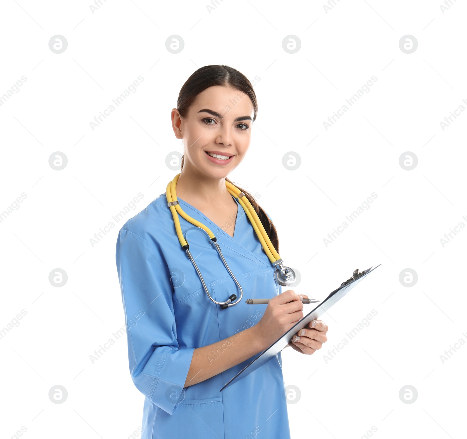 Photo of Portrait of medical assistant with stethoscope and clipboard on white background