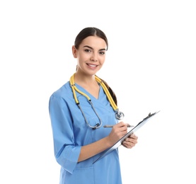 Portrait of medical assistant with stethoscope and clipboard on white background