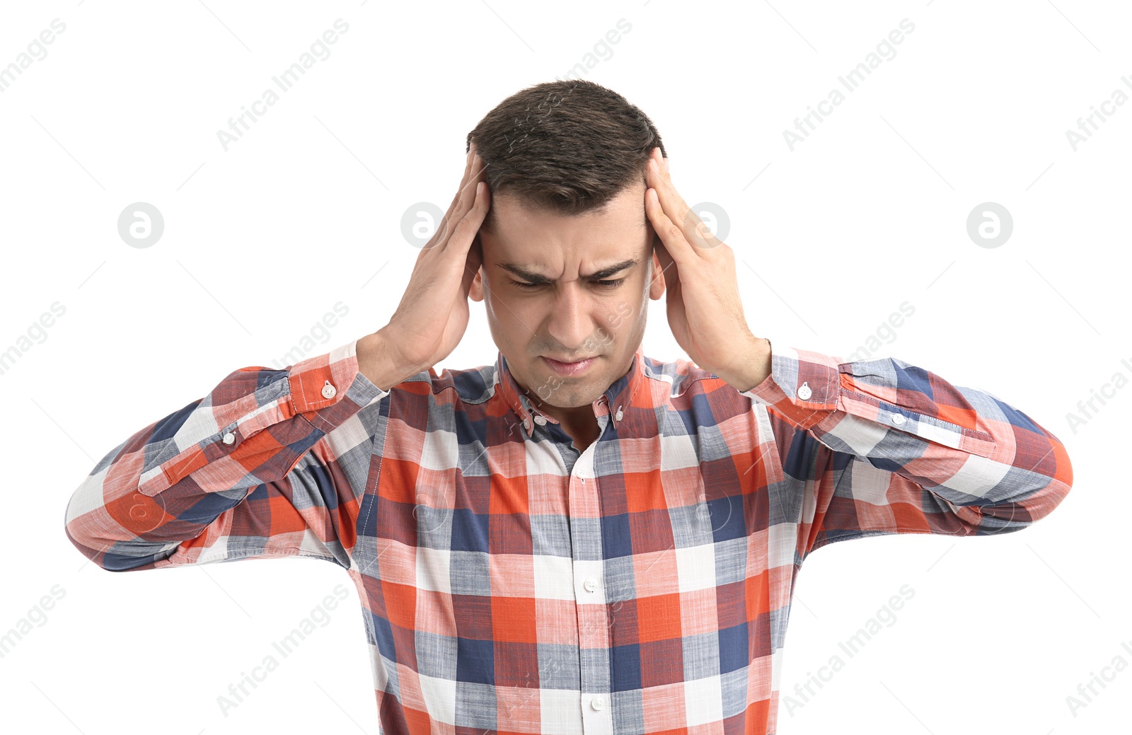 Photo of Young man suffering from headache on white background