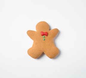 Tasty homemade Christmas cookie on white background, top view