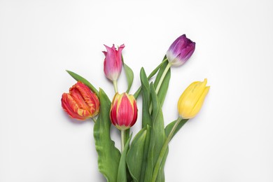 Photo of Beautiful colorful tulip flowers on white background, flat lay