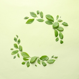 Photo of Flat lay composition with green leaves on color background. Space for text