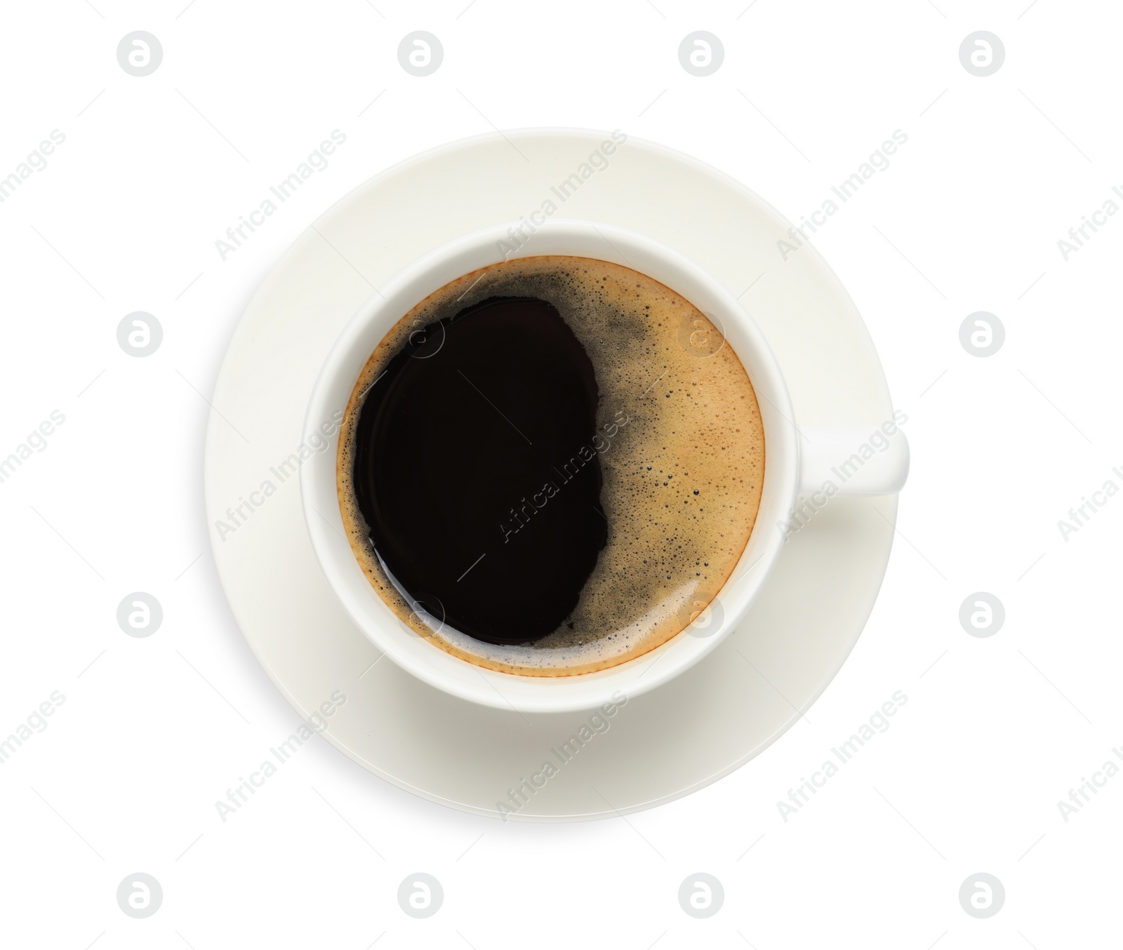 Photo of Cup of black aromatic coffee on white background, top view