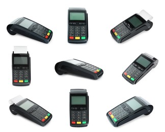 Image of Set with modern payment terminals on white background 