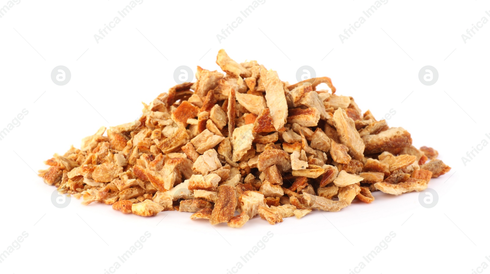 Photo of Pile of dried orange zest seasoning isolated on white