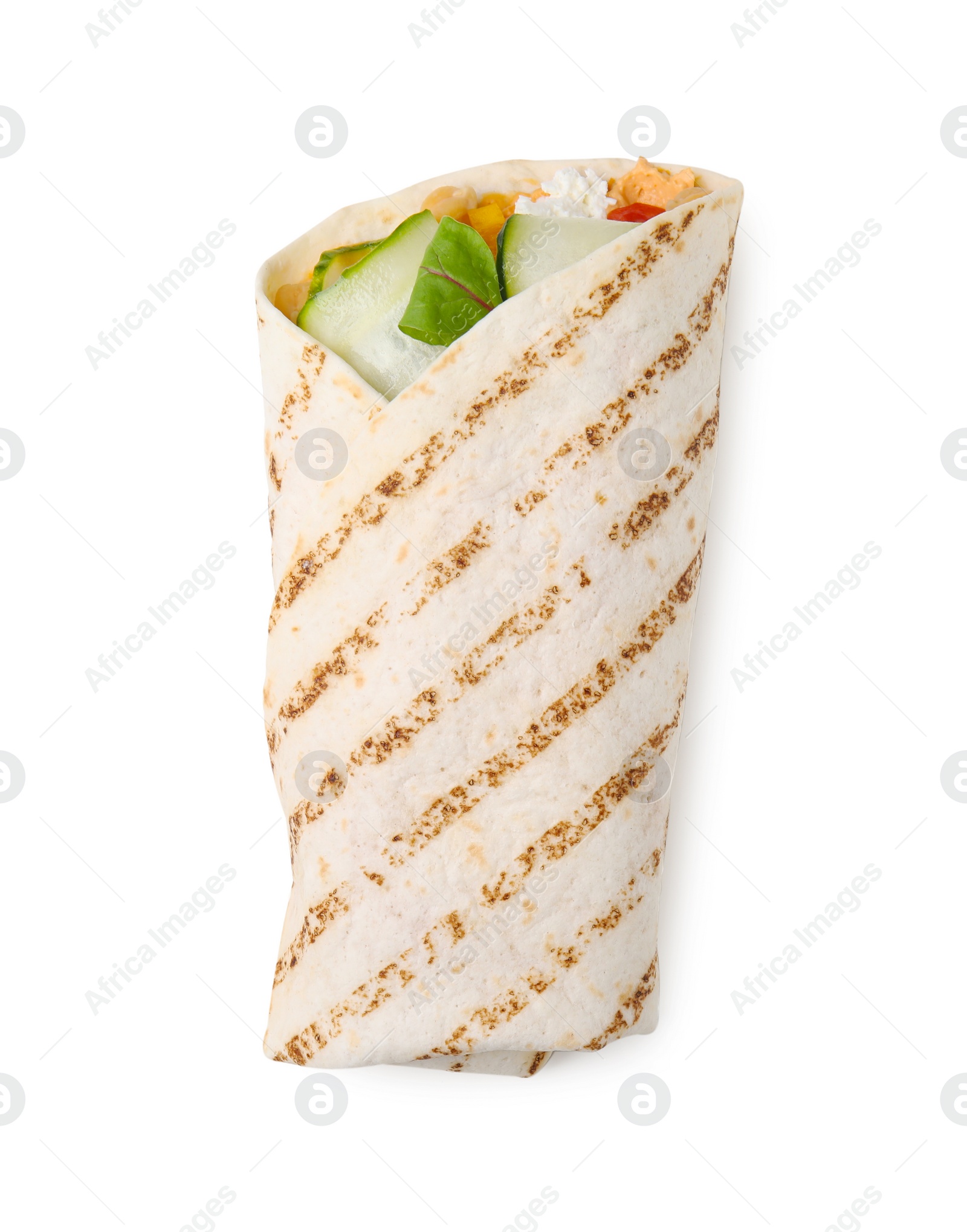 Photo of Delicious hummus wrap with vegetables isolated on white, top view