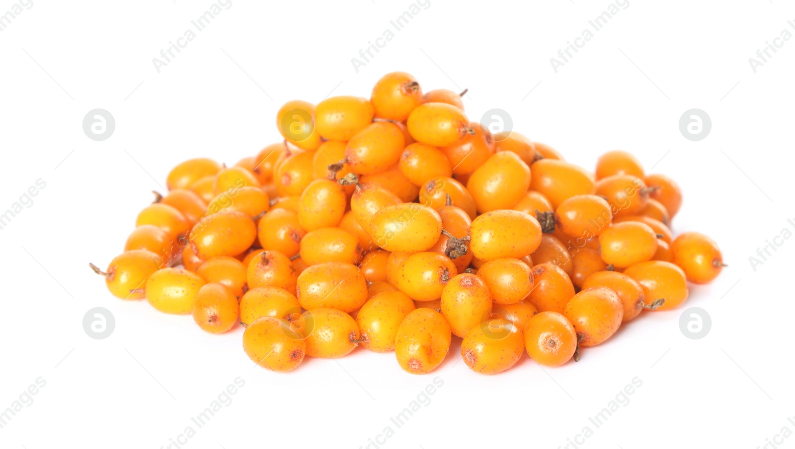 Photo of Fresh ripe sea buckthorn berries on white background