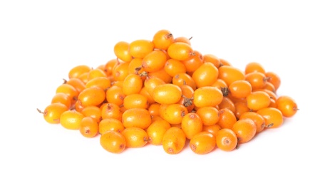 Photo of Fresh ripe sea buckthorn berries on white background