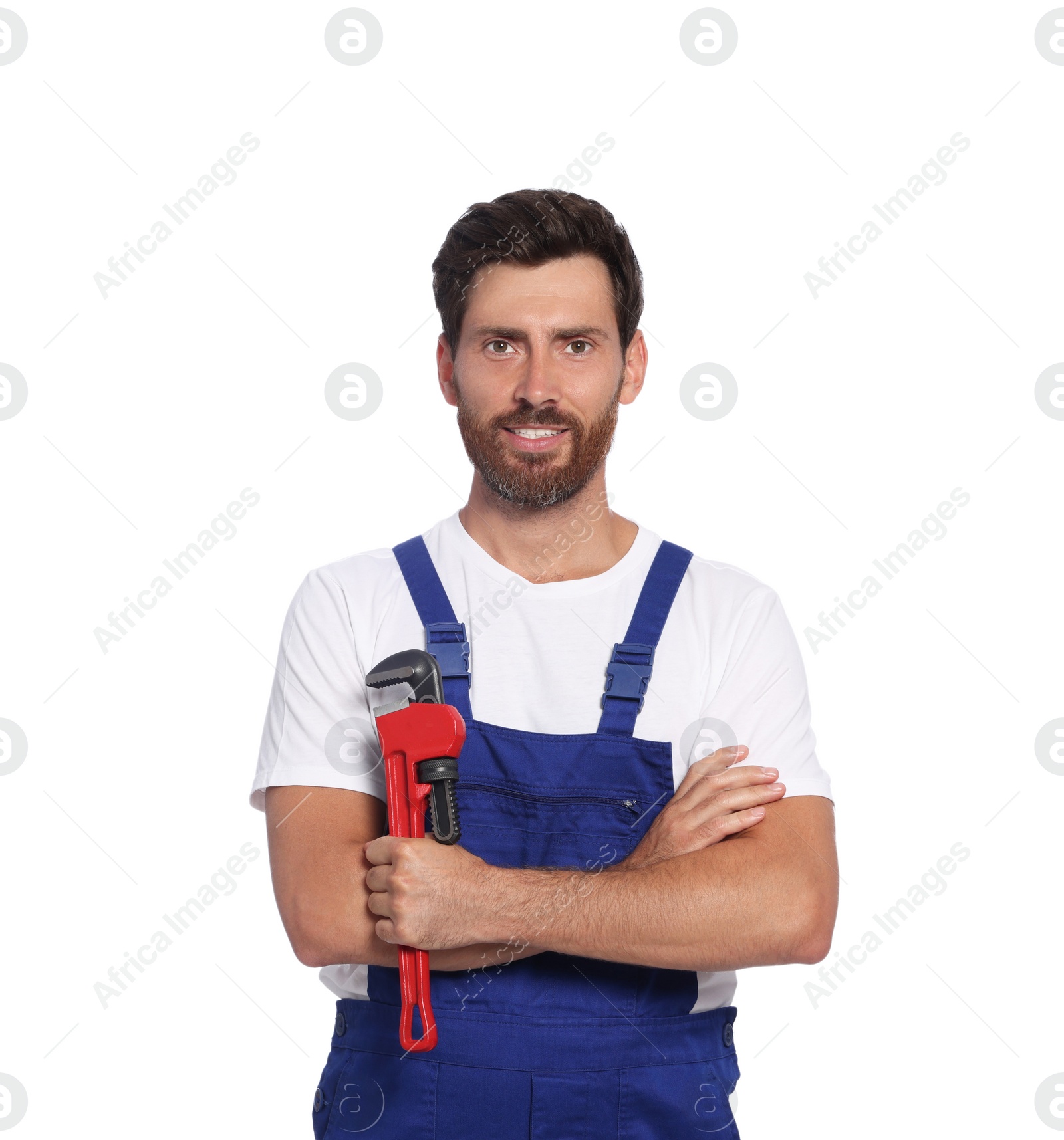 Photo of Professional plumber with pipe wrench on white background