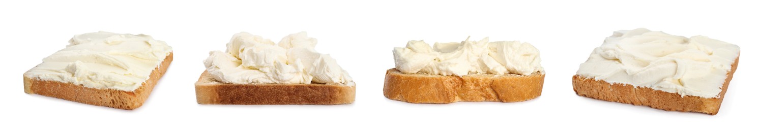 Image of Bread with cream cheese on white background, collage. Banner design