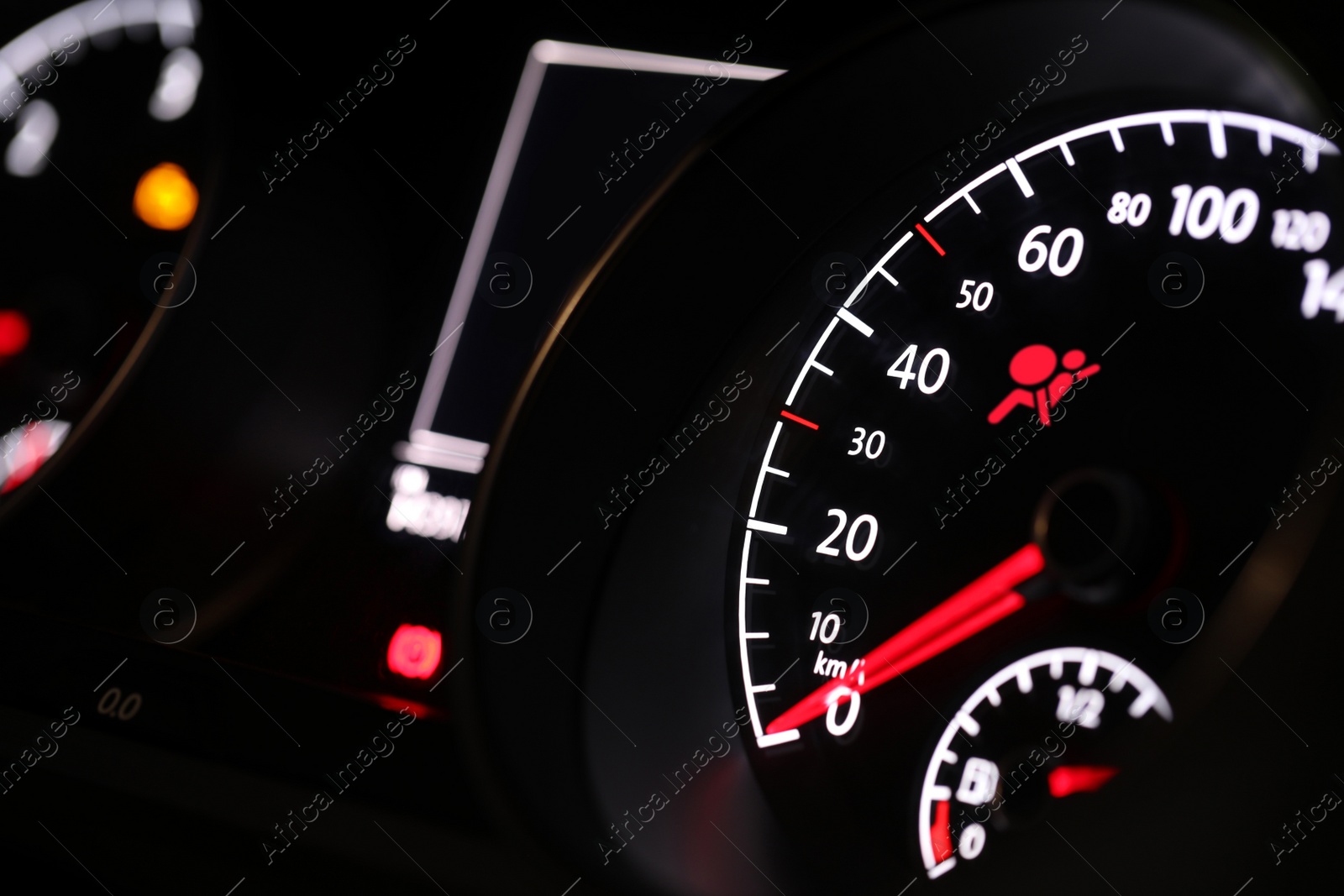 Image of Closeup view of dashboard with warning icon check airbag system in car