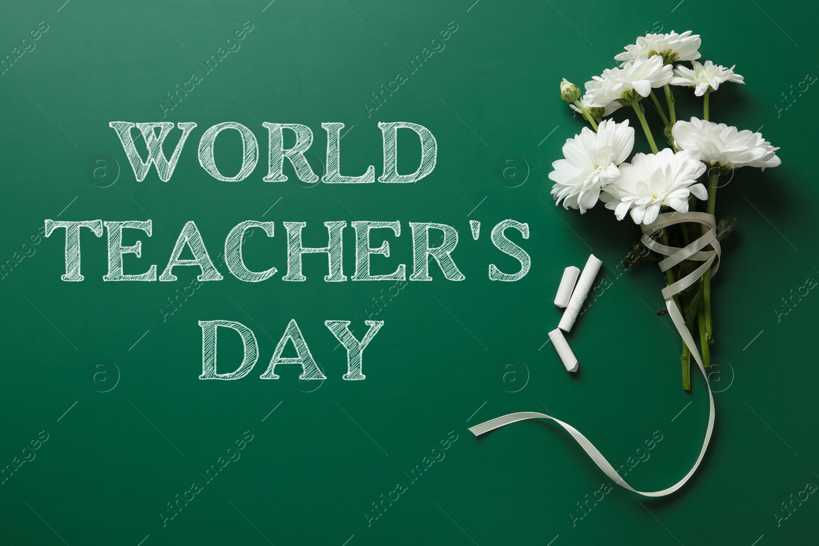 Image of Text World Teacher's Day, chalk and bouquet on greenboard, top view. Greeting card design