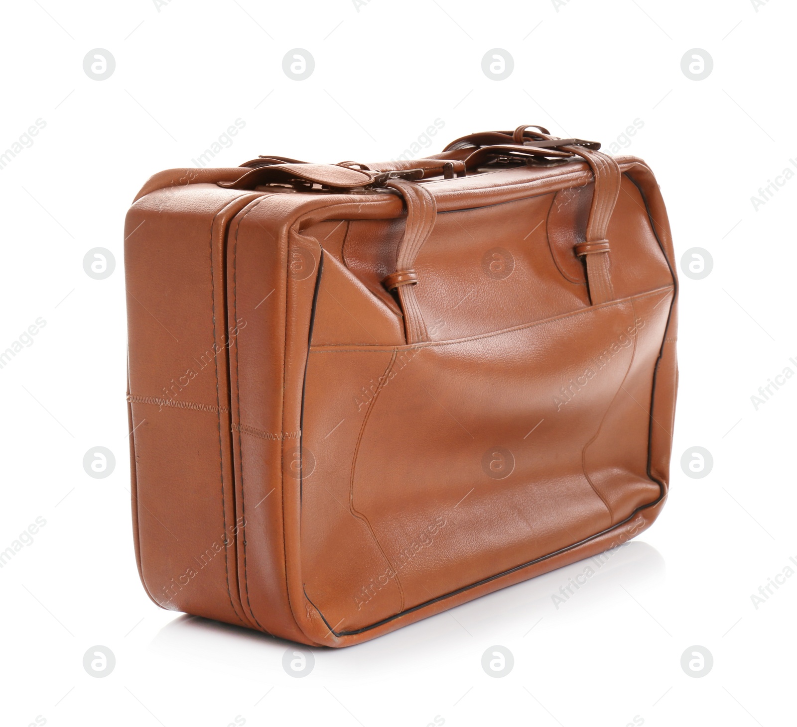 Photo of Classic brown suitcase on white background