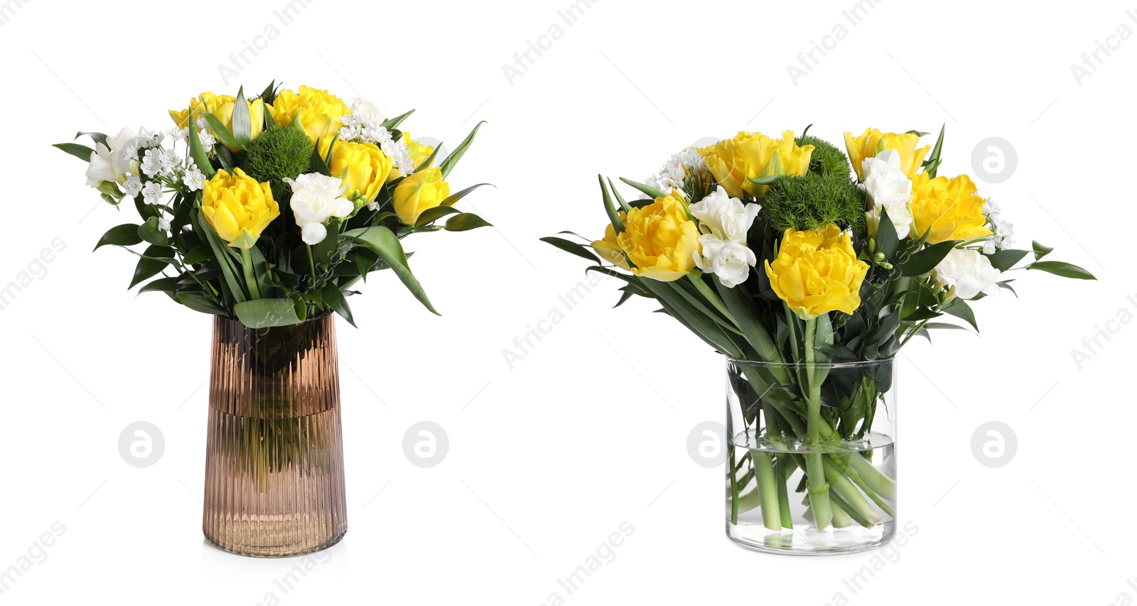 Image of Bouquets with beautiful tulip flowers in glass vases on white background. Banner design