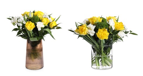 Image of Bouquets with beautiful tulip flowers in glass vases on white background. Banner design