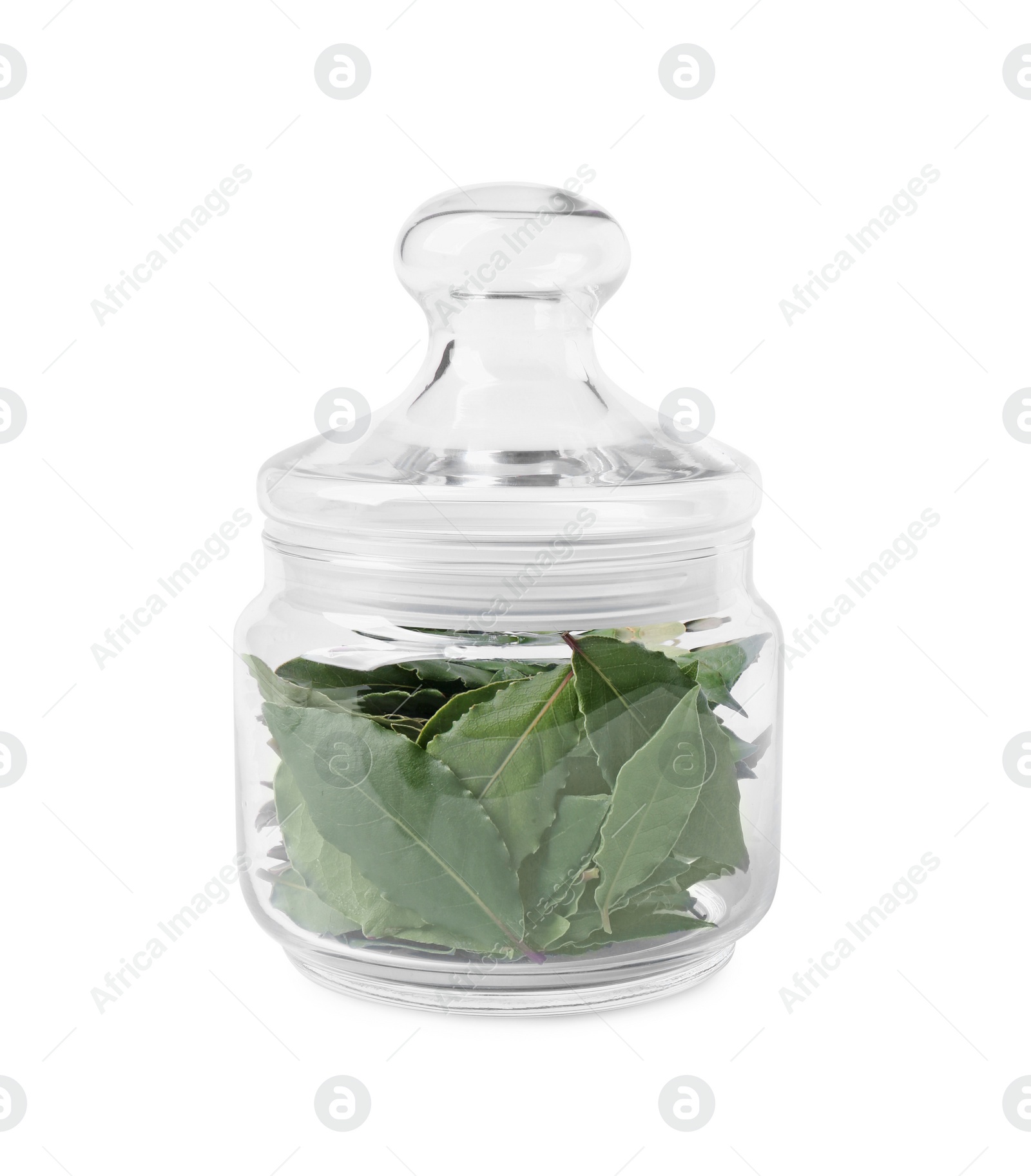 Photo of Glass container with bay leaves on white background