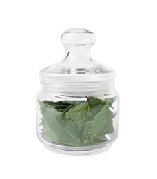 Photo of Glass container with bay leaves on white background