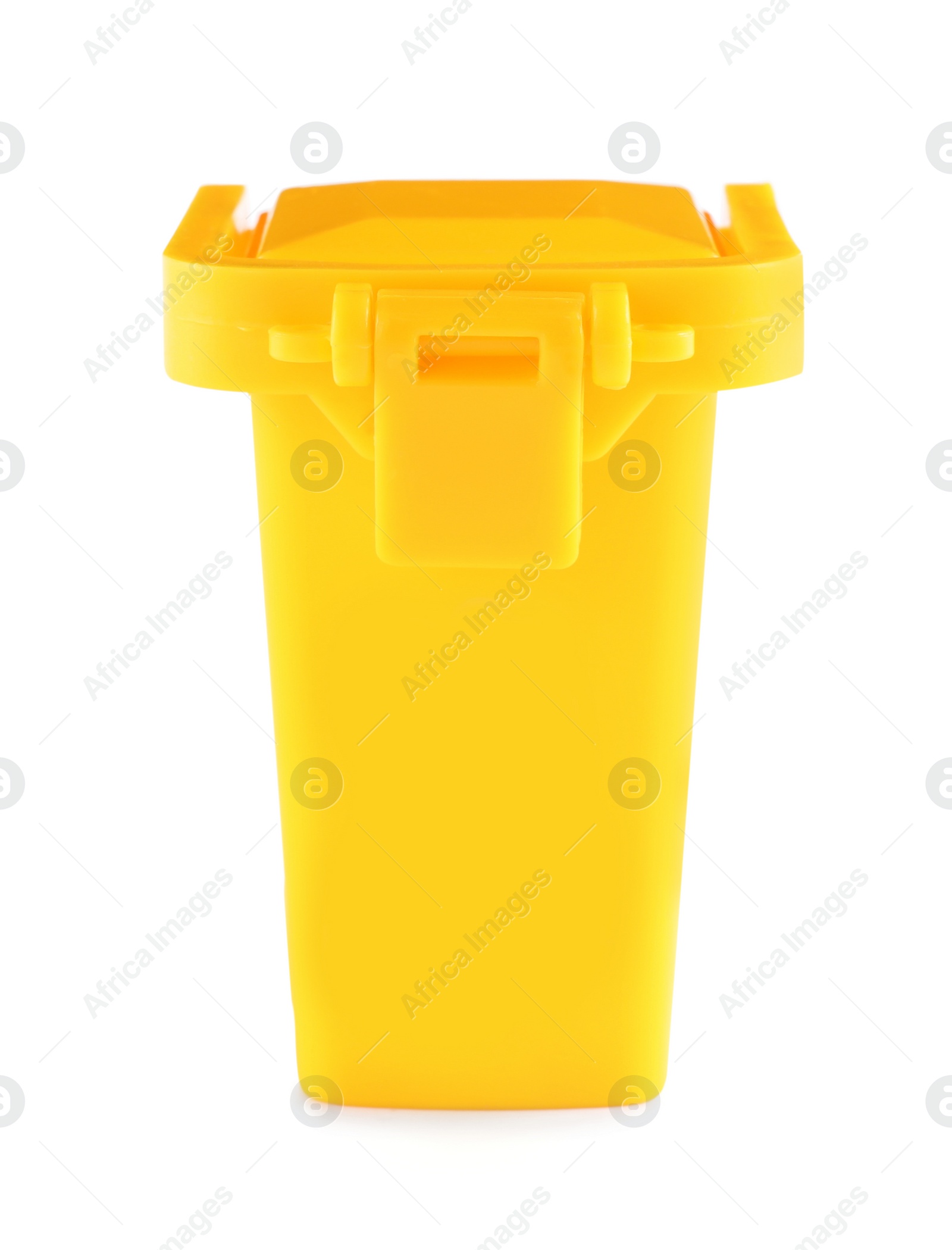 Photo of Mini yellow recycling bin isolated on white