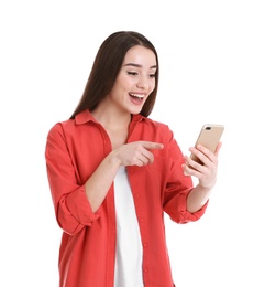 Photo of Woman using mobile phone for video chat isolated on white