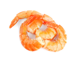 Photo of Delicious freshly cooked shrimps isolated on white, top view