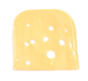 Photo of Slice of tasty maasdam cheese on white background, top view