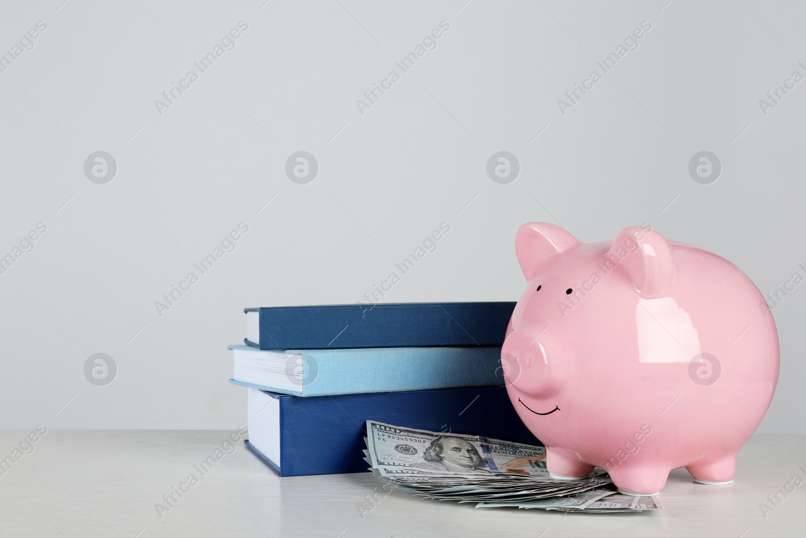 Photo of Piggy bank with dollars and books on table against white background. Space for text