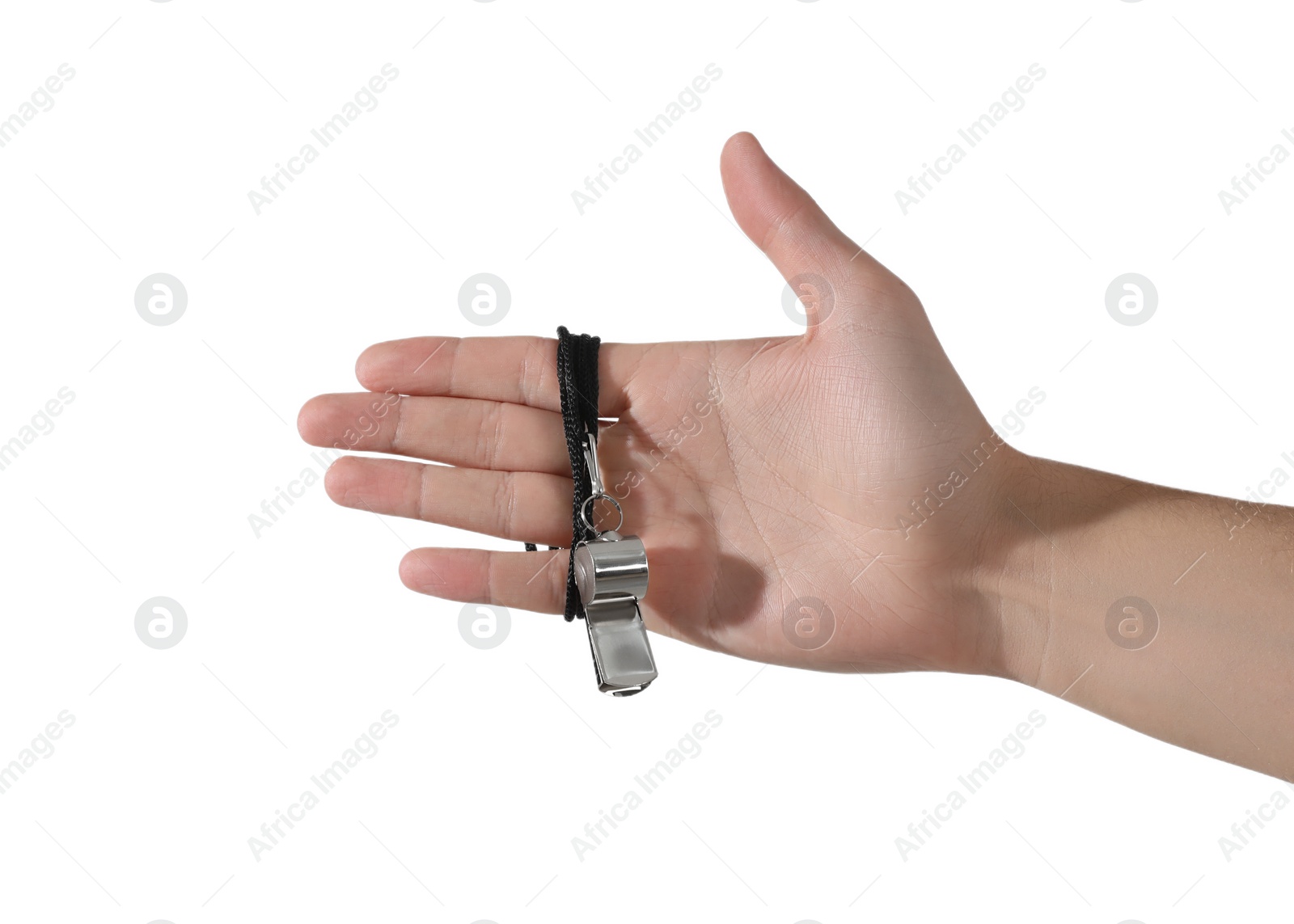 Photo of Referee holding whistle on white background, closeup