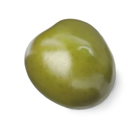 Photo of One fresh green olive isolated on white, top view