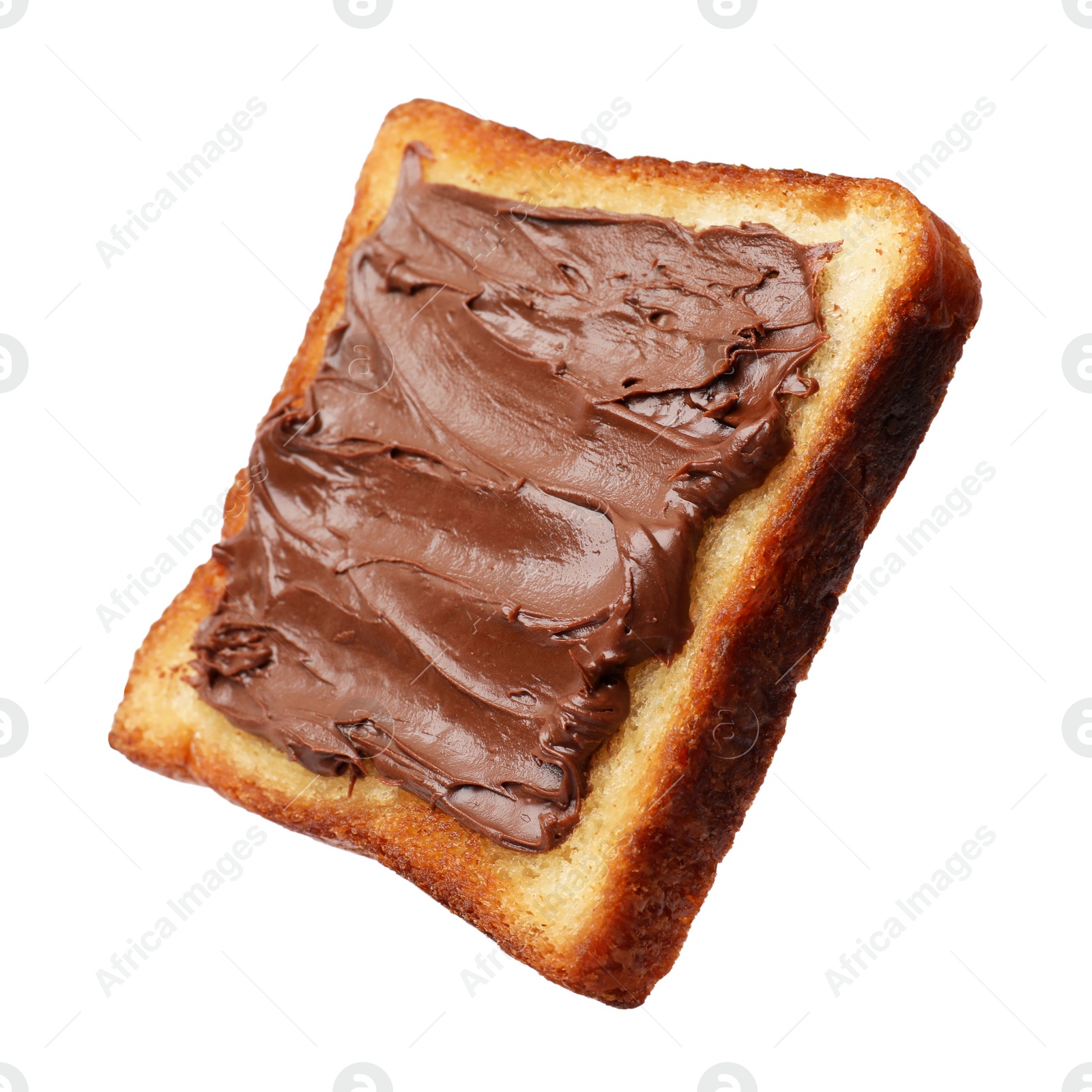 Photo of Piece of fresh toast bread with tasty chocolate paste isolated on white