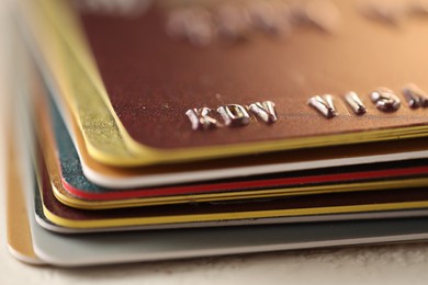 Plastic credit cards on table, macro view