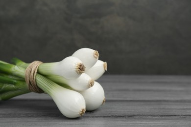 Photo of Bunch of green spring onions on grey wooden table, closeup. Space for text