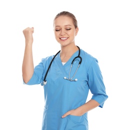 Portrait of emotional medical doctor with stethoscope isolated on white