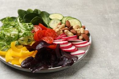 Photo of Balanced diet and vegetarian foods. Plate with different delicious products on grey table, closeup