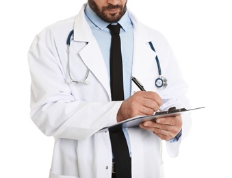 Closeup of male doctor with clipboard isolated on white. Medical staff