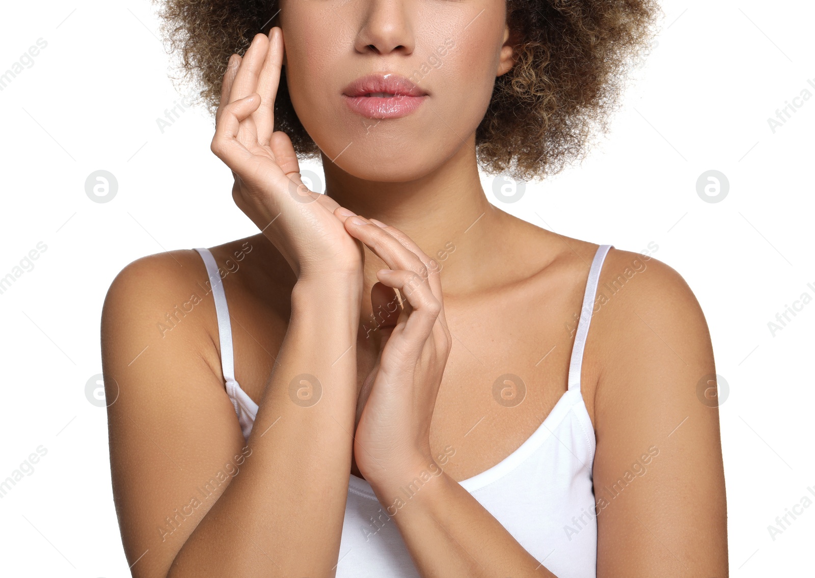 Photo of Beautiful woman with healthy skin on white background, closeup