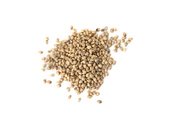 Photo of Pile of hemp seeds on white background, top view