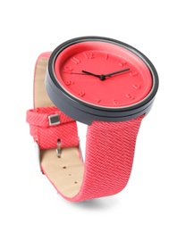 Photo of Stylish wrist watch on white background. Fashion accessory