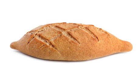 Loaf of fresh bread on white background