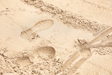 Photo of Sand with footprints, bird tracks and wheel trail