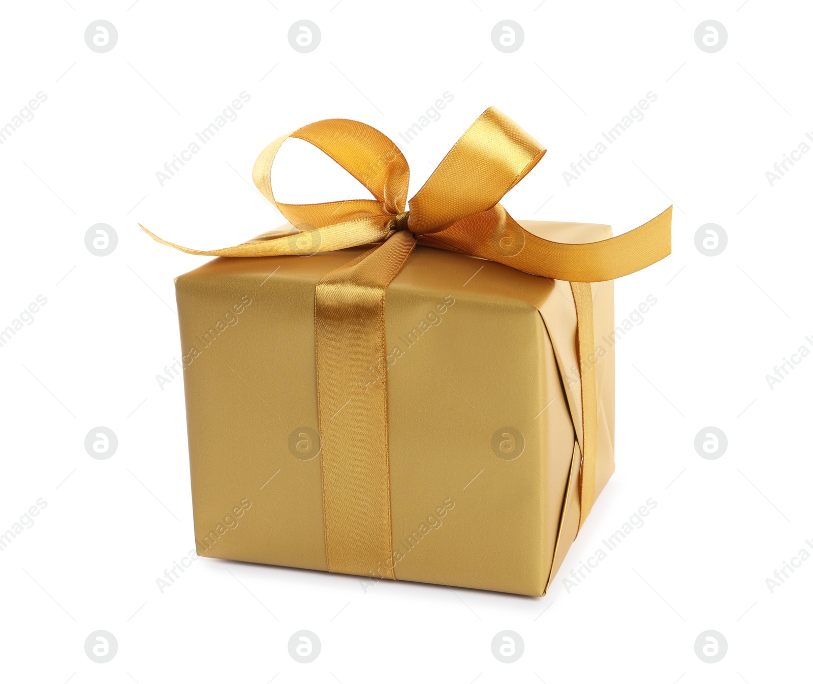 Photo of Beautiful gift box with golden ribbon and bow on white background