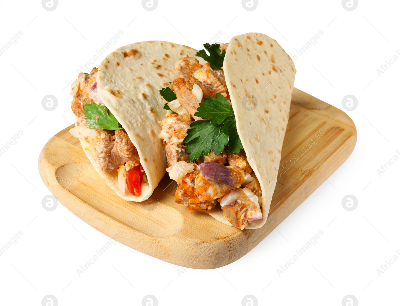 Photo of Delicious tacos with meat and parsley isolated on white