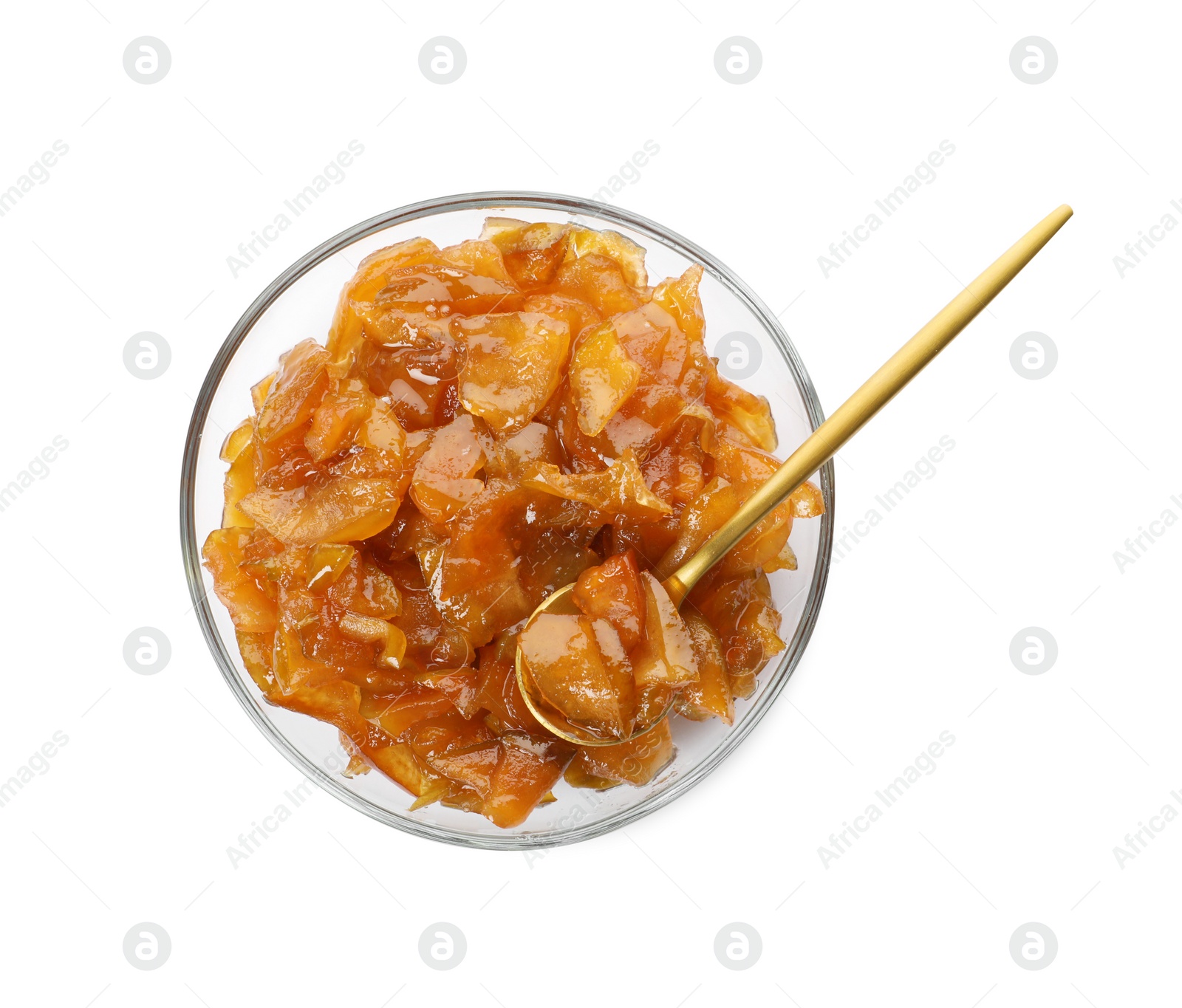 Photo of Tasty apple jam and spoon in bowl isolated on white, top view