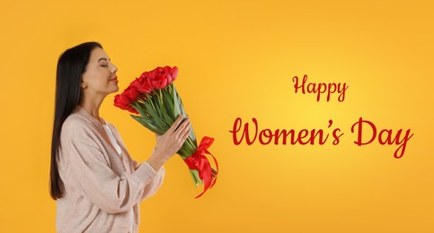 Happy Women's Day, Charming lady holding bouquet of beautiful flowers on golden background