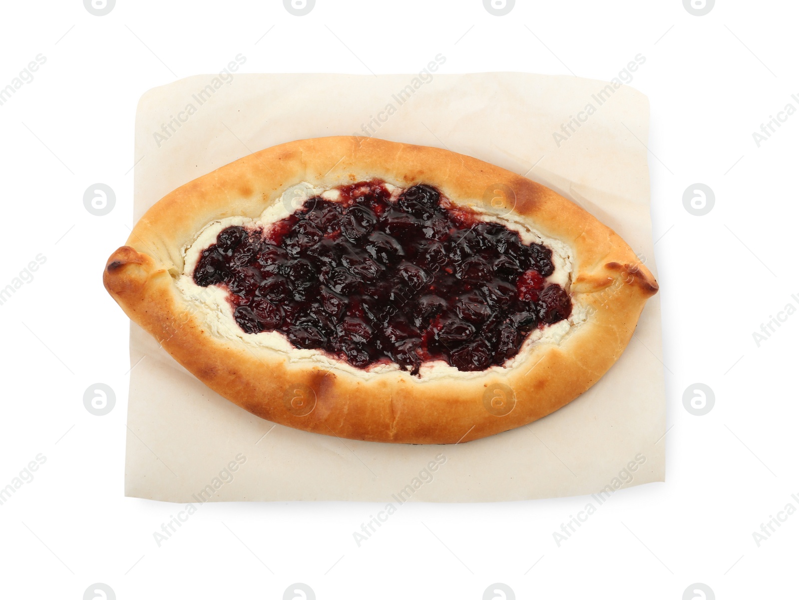 Photo of Delicious sweet cottage cheese pastry with cherry jam isolated on white, top view