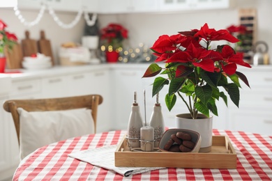Photo of Wooden tray with Poinsettia, cookies and spices on table in kitchen. Christmas decor